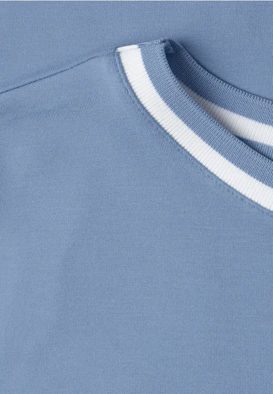 Nahaufnahme eines hellblauen Shirts mit weißem und dunkelblauem Streifen am Rundhalsausschnitt.