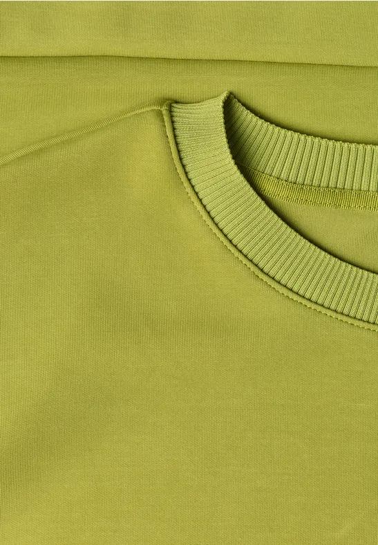 Heller grüner Pullover mit Rundhalsausschnitt, Detailansicht von Kragen und Schulter.