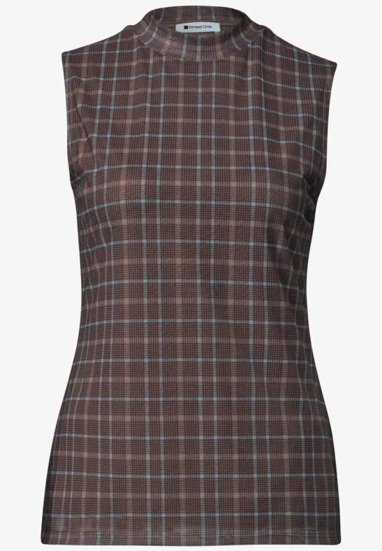 Ärmelloses, tailliertes Top in Braun mit hellblau-weißen Karos für einen modischen Look.