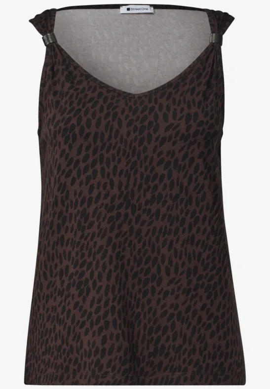 Braunes ärmelloses Top mit V-Ausschnitt und dunkelbraunem Animal-Print.