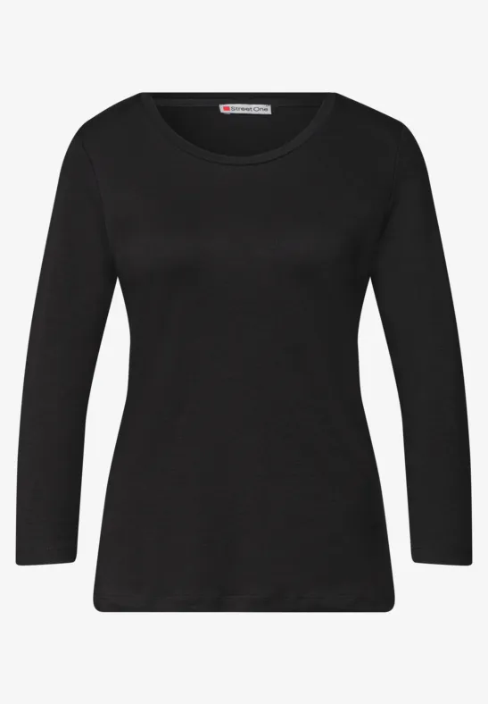 Schlichtes schwarzes Damen-Shirt mit 3/4-Ärmeln und Rundhalsausschnitt.
