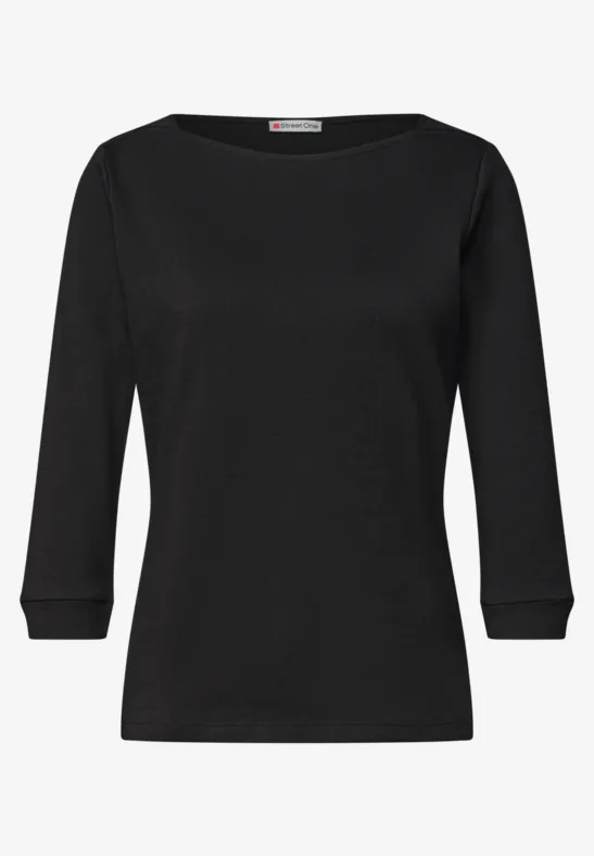 Schlichtes schwarzes Damen-Shirt mit 3/4-Ärmeln und U-Boot-Ausschnitt.