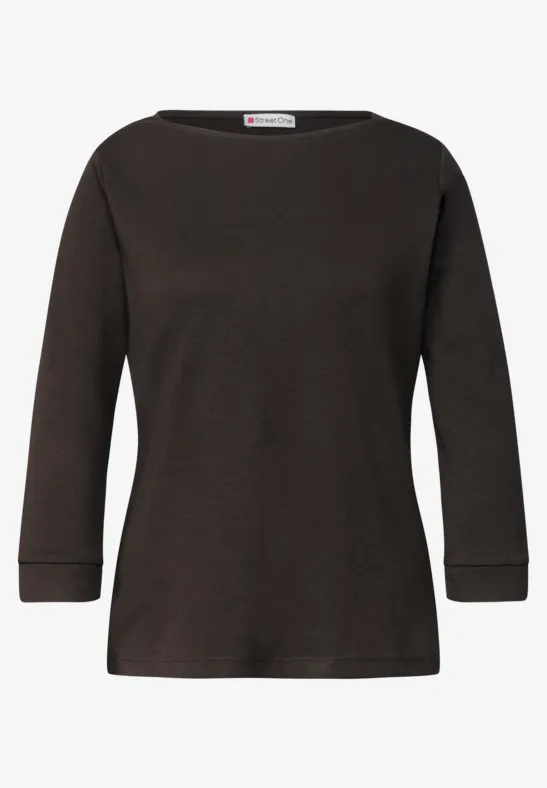Schlichtes, 3/4-armiges dunkelbraunes Shirt mit weitem Rundhalsausschnitt