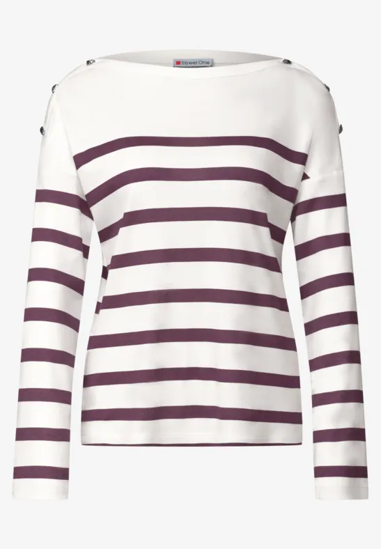 Weißes Langarmshirt mit breiten violetten Querstreifen und lockerem Schnitt.