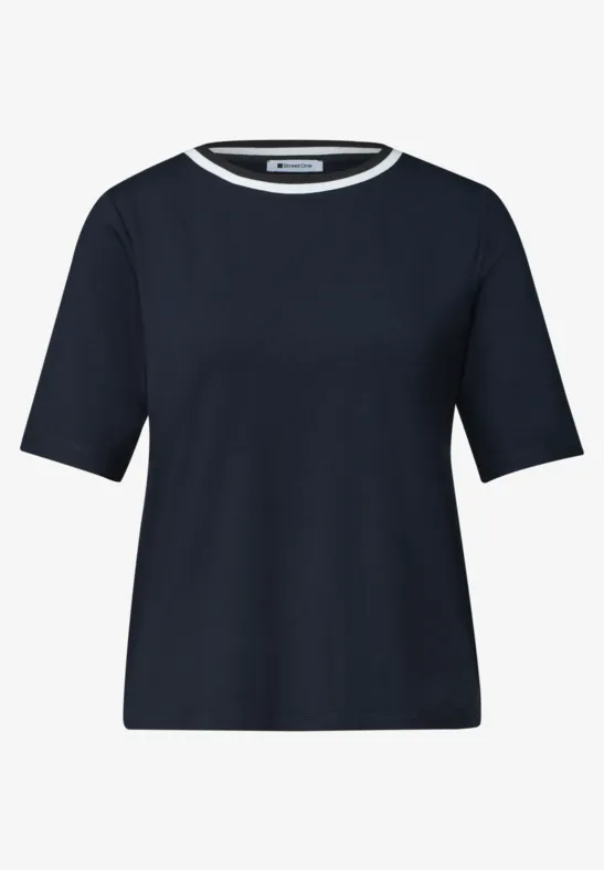 Granatowy T-shirt z półdługimi rękawami i białym okrągłym dekoltem