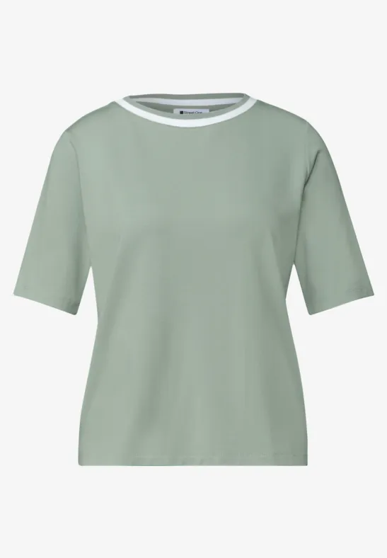Ein schlichtes kurzärmeliges T-Shirt in hellem Mintgrün mit weißem Rundhalsausschnitt.