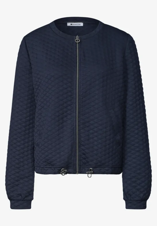 Schlichte marineblaue gesteppte Bomberjacke mit Reißverschluss, elastischen Bündchen und verstellbarem Saum.