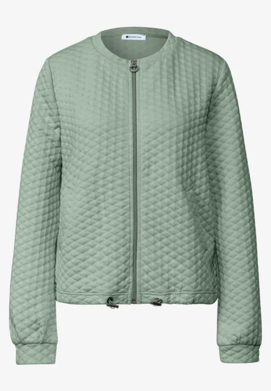 Hellgrüne, gesteppte Bomberjacke mit Reißverschluss, rundem Kragen und elastischen Bündchen.