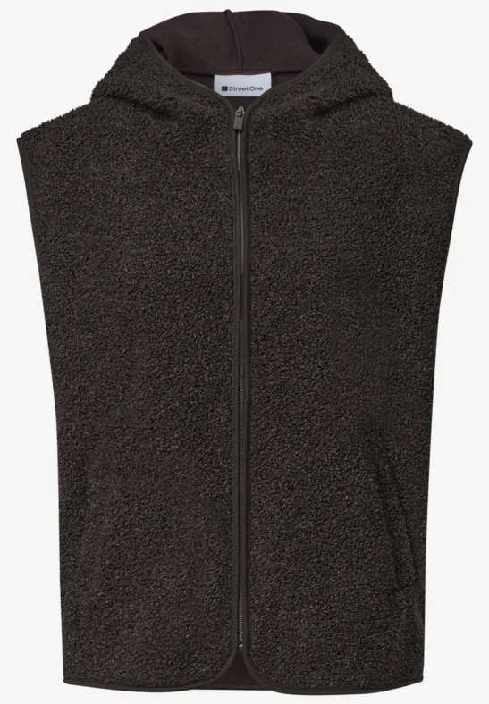 Ärmellose Kapuzenweste aus Teddy-Fleece in Dunkelgrün mit Reißverschluss und Taschen.