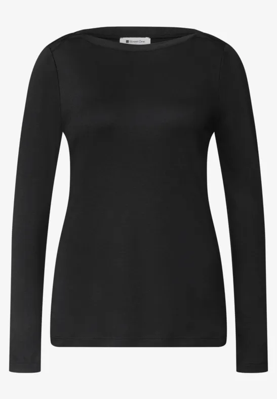 Schlichtes schwarzes Langarmshirt mit Rundhalsausschnitt.