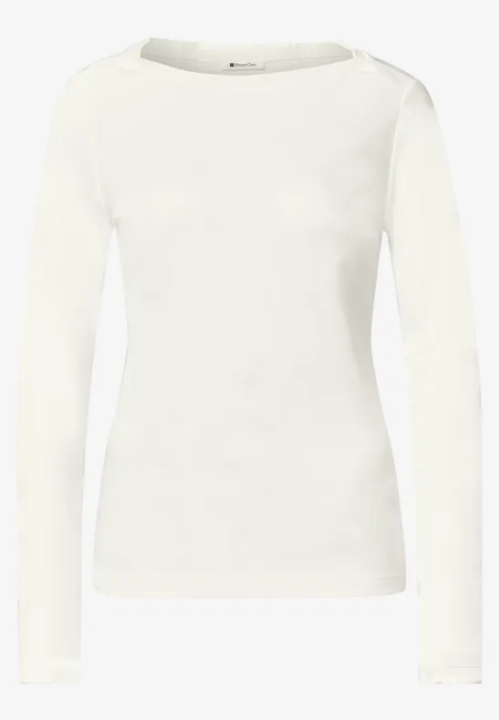 Schlichtes weißes Langarmshirt für Damen mit rundem Ausschnitt.