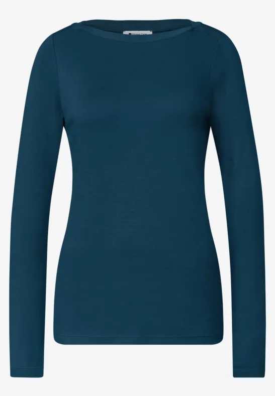Damen-Langarmshirt in petrolblau, körpernah geschnitten