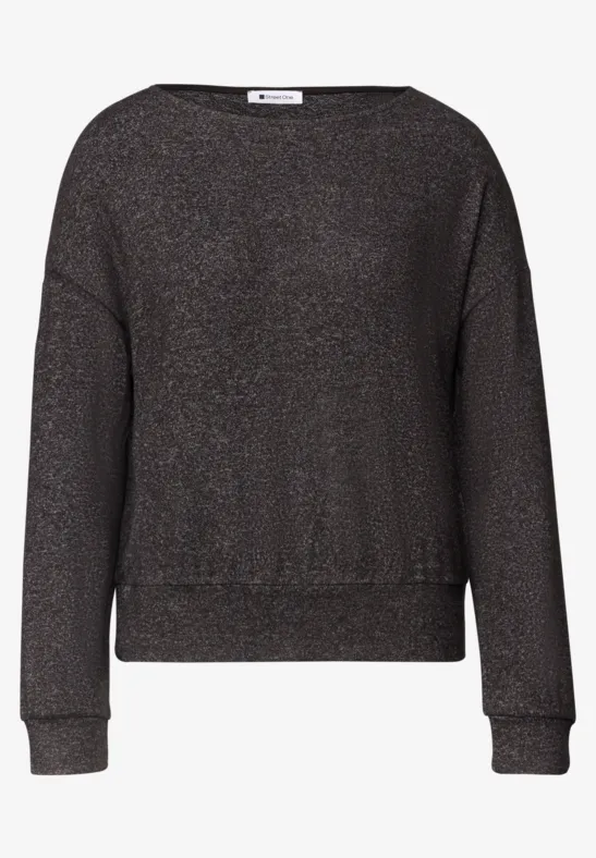 Schlichter, schwarzer Glitzer-Pullover mit lockerem Schnitt und Rundhalsausschnitt.