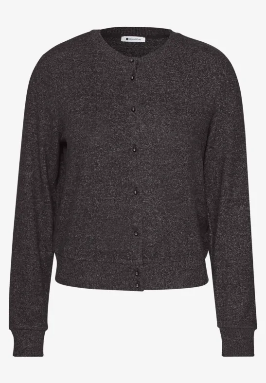 Dunkelgrauer Damen-Cardigan mit Knopfleiste, V-Ausschnitt und Rippbündchen.
