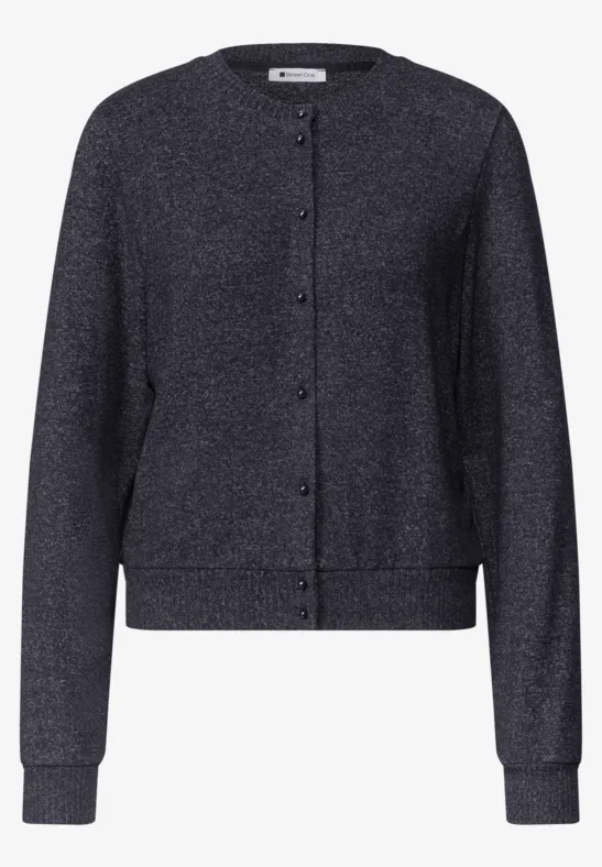 Dunkelblauer Strick-Cardigan mit Rundhalsausschnitt, langen Ärmeln und Knopfleiste, leicht glänzend.