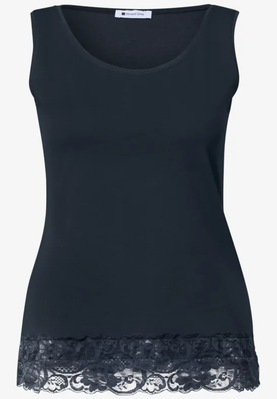 Schwarzes ärmelloses Damen-Top mit feiner Spitze am Saum.