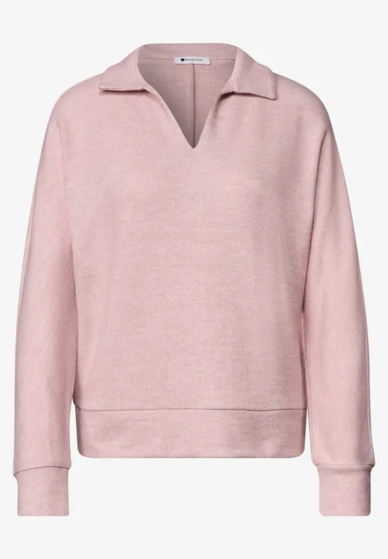 Rosa Pullover mit V-Ausschnitt, Kragen, langen Ärmeln und lockerer Passform