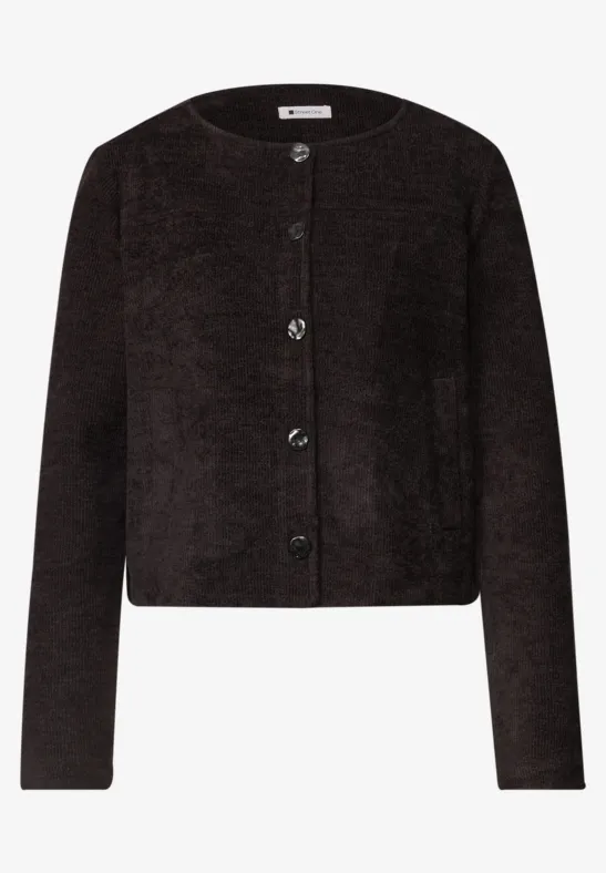 Dunkler Flausch-Cardigan mit langen Ärmeln und Knopfleiste.