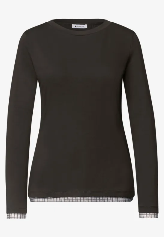 Schwarzes Langarmshirt mit rundem Ausschnitt und dezent karierter Saumverzierung