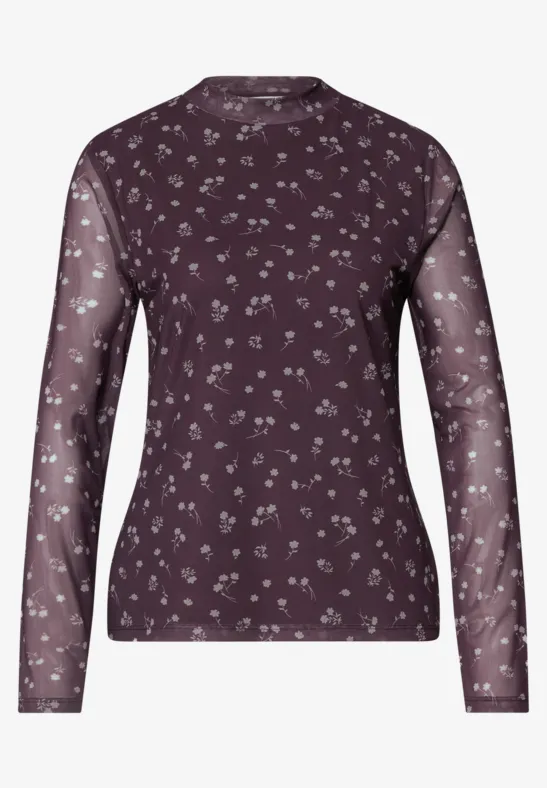 Lila, langärmliges Mesh-Oberteil mit feinem, weißem Blumenmuster.