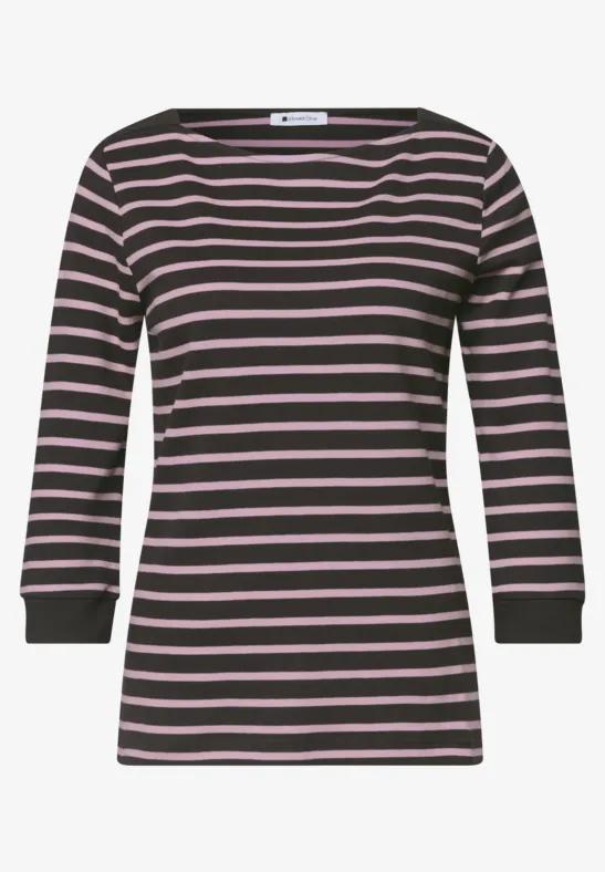 Schwarz-rosa gestreiftes Shirt mit 3/4-Ärmeln.