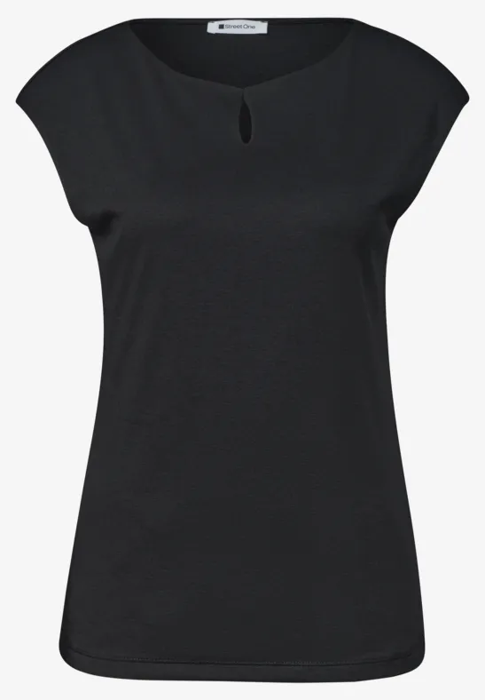 Zwarte damesmouwloze top met ronde hals en subtiel keyhole-detail