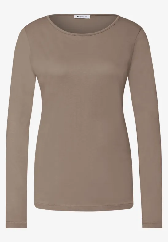 Taupefarbenes Langarmshirt mit Rundhalsausschnitt für Damen.