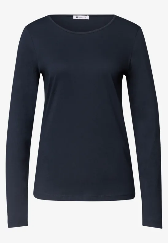 Effen donkerblauw longsleeve met ronde hals.