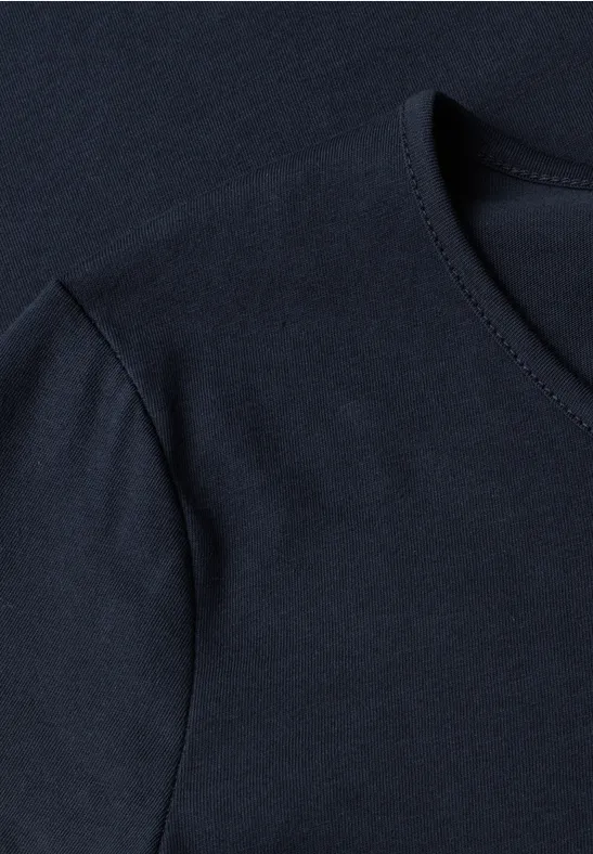 Donkerblauw katoenen T-shirt met ronde hals en schoudernaad
