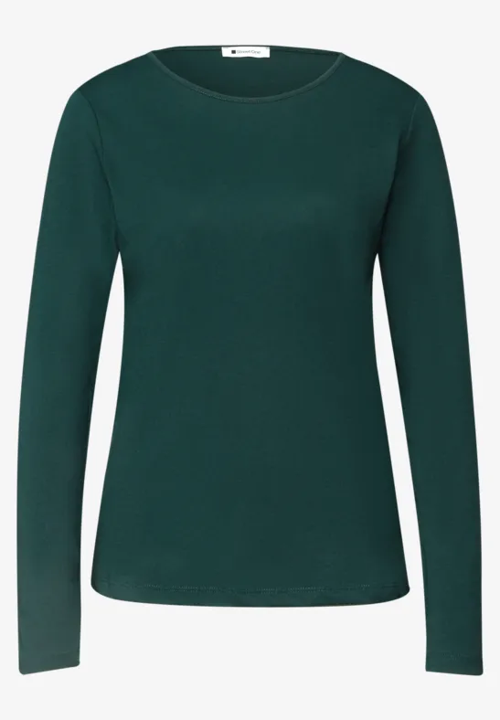 Schlichtes, dunkelgrünes Langarmshirt mit rundem Halsausschnitt für Damen.