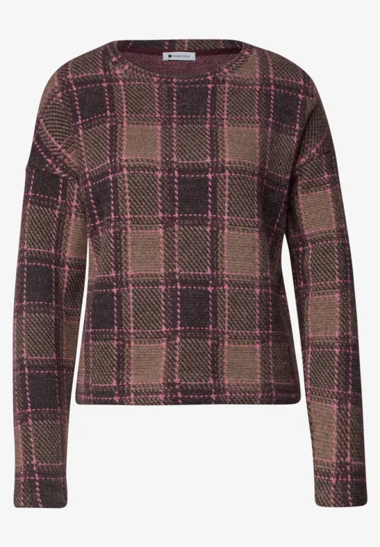 Damenpullover mit kastiger Passform in Braun mit rosa Karomuster und langen Ärmeln.