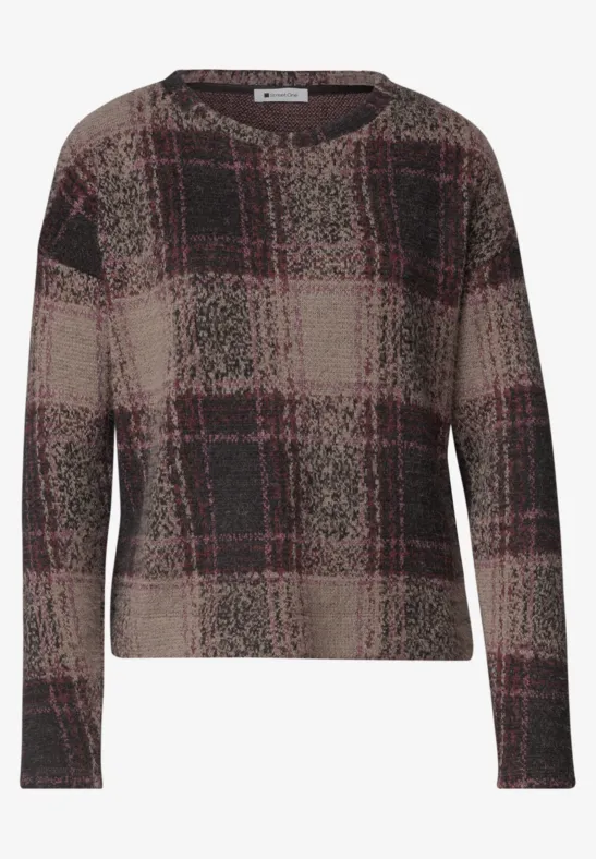 Lässiger Pullover mit kastigem Schnitt, kariertem Muster in Braun- und Rottönen, Rundhals und langen Ärmeln.