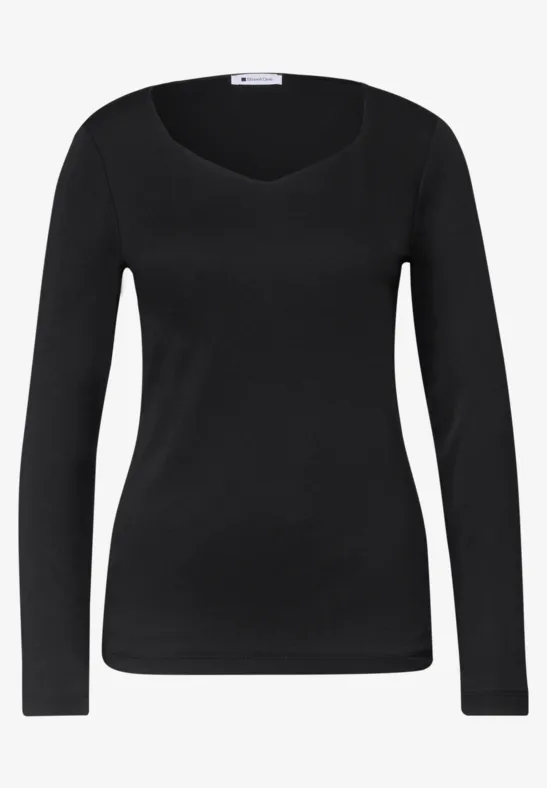 Top à manches longues noir avec encolure arrondie et coupe ajustée.