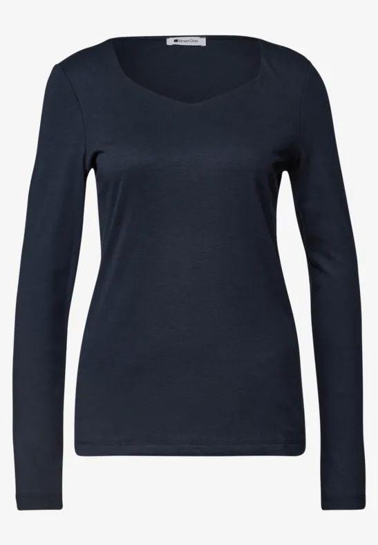 Effen donkerblauw damesshirt met lange mouwen en ronde hals.