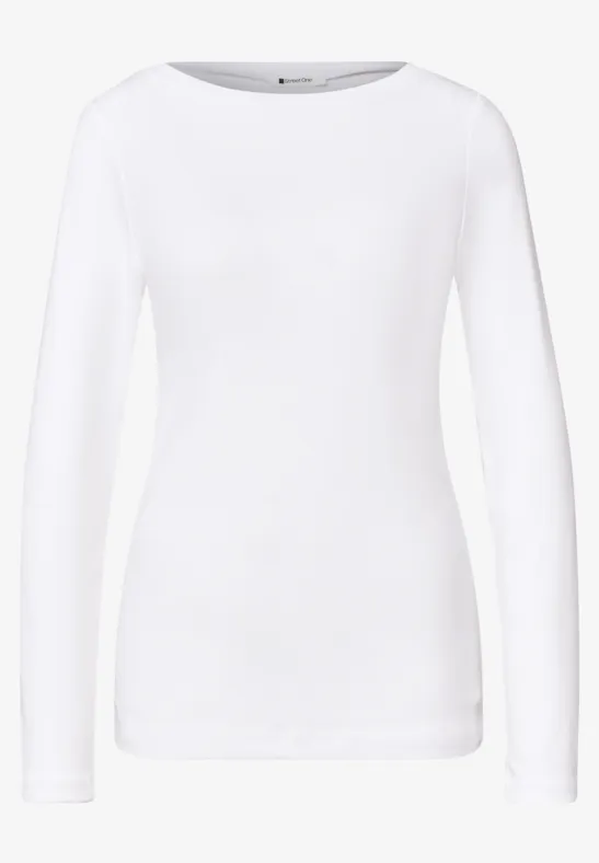 Wit, effen dames-T-shirt met lange mouwen op witte achtergrond