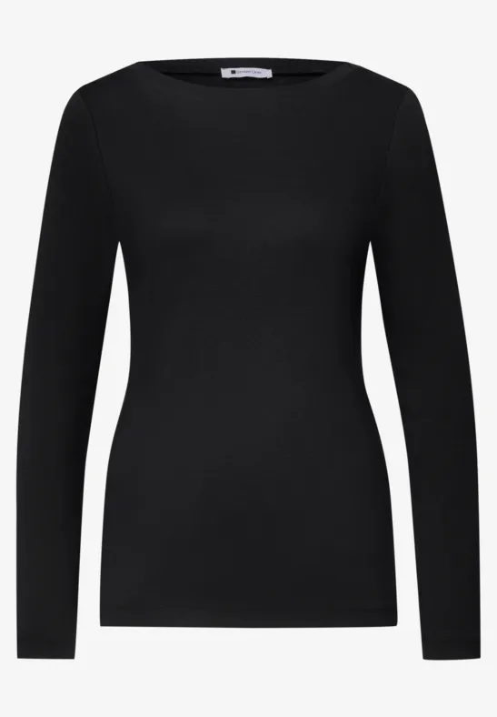 Schwarzes, schlichtes Langarmshirt mit U-Boot-Ausschnitt und schmaler Passform.
