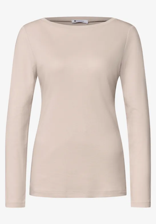 Schlichtes beiges Langarmshirt mit Rundhalsausschnitt, eng anliegender Passform.