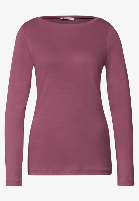 Schmal geschnittenes Damen-Langarmshirt in Pflaumenrosa mit rundem Halsausschnitt.