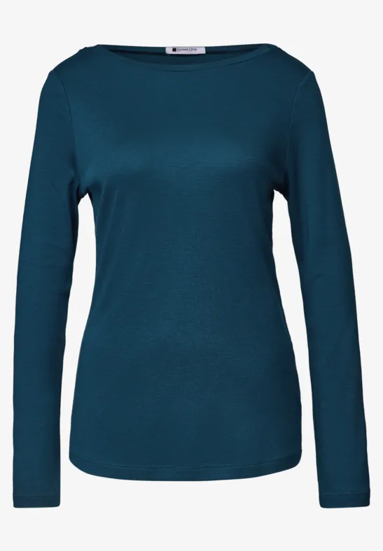Effen, langärmelig shirt in petrolblauw met ronde hals.