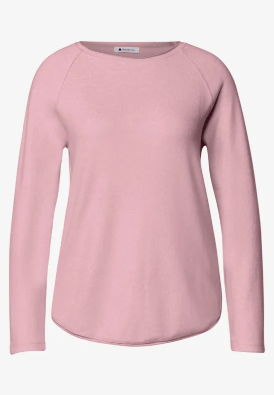 Rosa Langarmshirt aus weichem Stoff mit rundem Halsausschnitt und abgerundetem Saum.