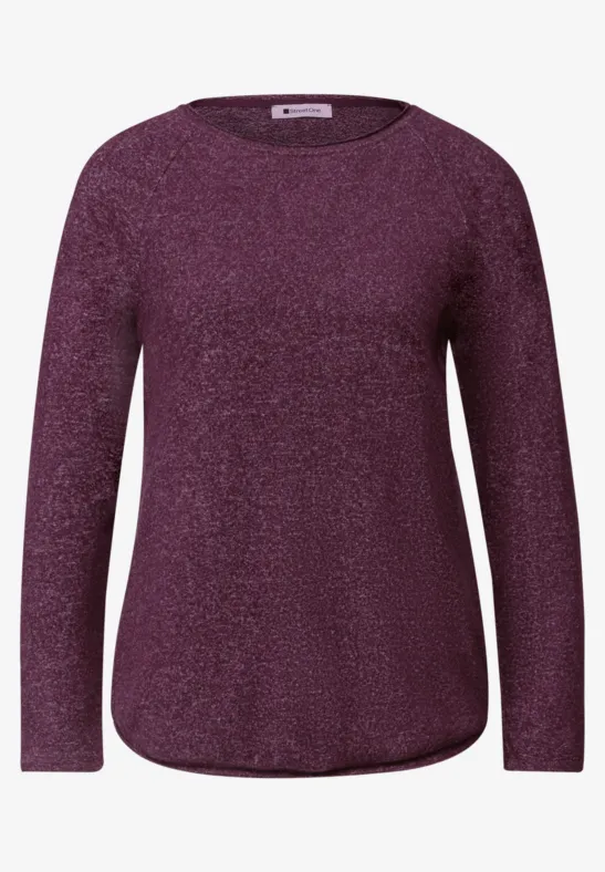Damesshirt met lange mouwen, pruimkleur, ronde hals en subtiele glansafwerking.