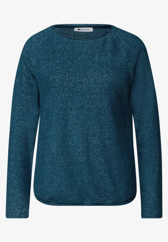 Donkerblauwe gemêleerde trui met ronde hals en lange mouwen.