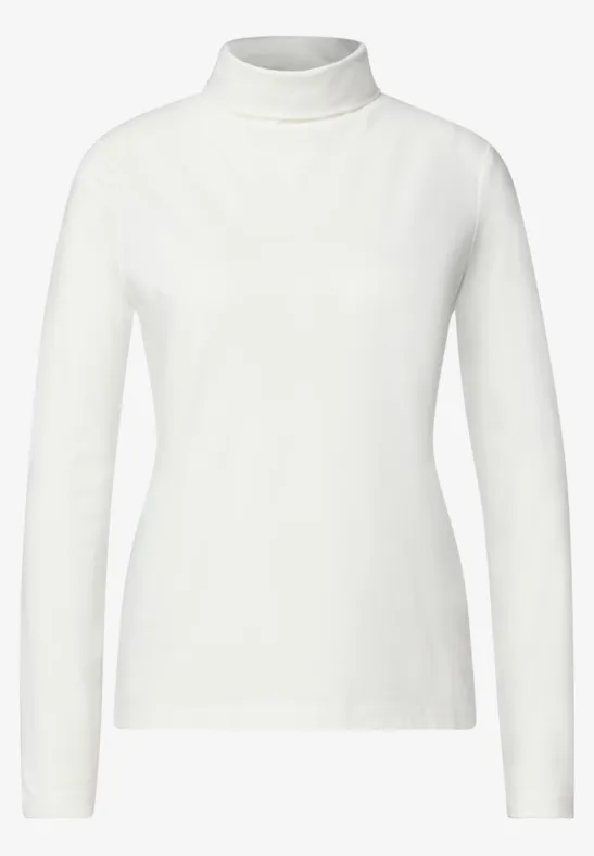 Weißes Damen-Shirt mit Rollkragen, langärmelig, schmaler Passform.