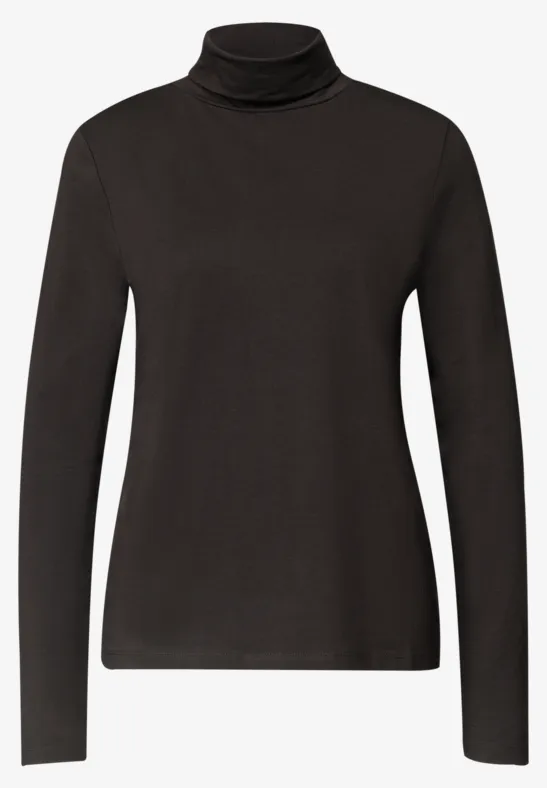 Schwarzes langärmeliges Rollkragen-Shirt aus glattem Stoff