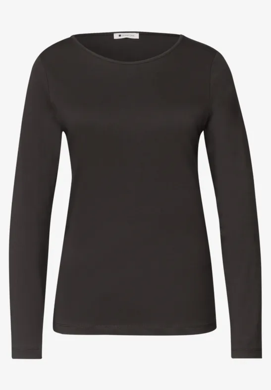Schlichtes schwarzes Langarmshirt mit Rundhalsausschnitt und schmaler Passform.