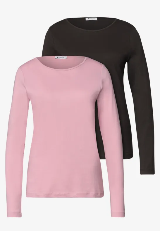 Zwei schlichte, langärmelige Rundhalsshirts in Rosa und Schwarz