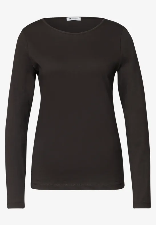 Schlichtes, langärmeliges, schwarzes Damen-Shirt mit Rundhalsausschnitt.