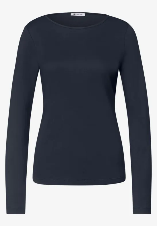 Schwarzes Langarm-Damen-Shirt mit Rundhals, schlicht und elegant.