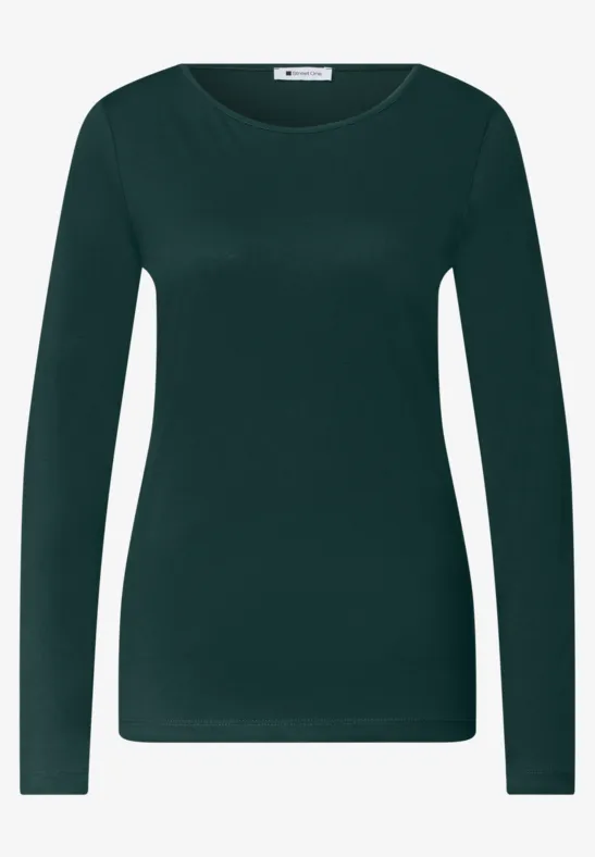 T-shirt femme vert foncé en jersey à manches longues, col rond, coupe ajustée et design épuré.