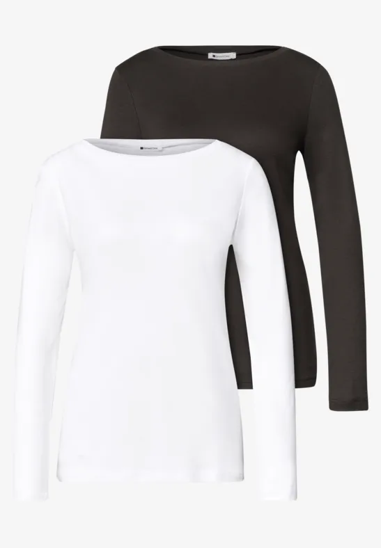 Zwei langärmlige T-Shirts, eins in Weiß und eins in Schwarz, schlichtes, enganliegendes Design.